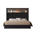Lit capitonné en velours MAYEERTY Queen Size avec veilleuse port USB et tête de lit haute de 52 pouces avec décor de rivets et étagère de tête de lit pour chambre à coucher, noir