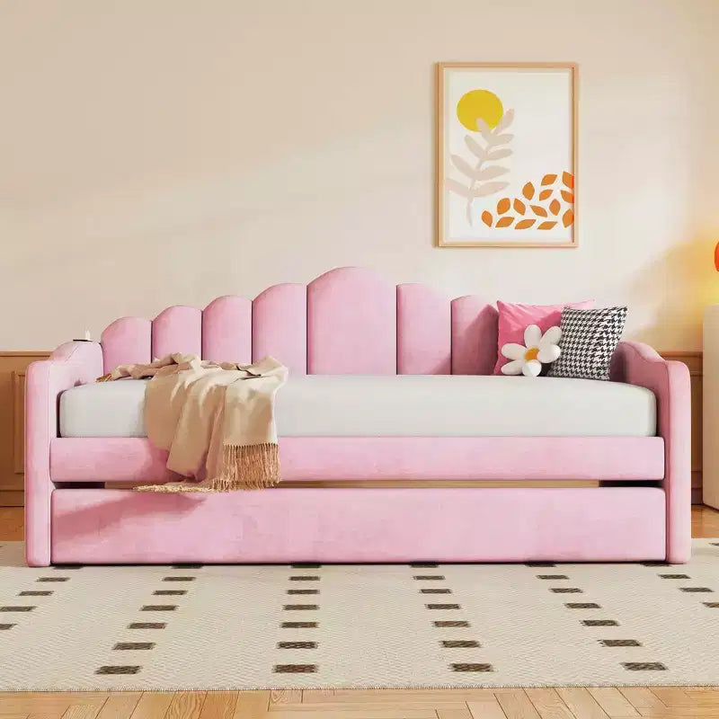 MAYEERTY Twin Size Upholstered Bed with Trundle Velvet Ports for Bedroom Pink