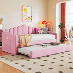 Lit capitonné MAYEERTY pour lit simple avec lit gigogne et ports en velours pour chambre à coucher Rose