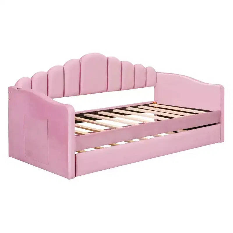 Lit capitonné MAYEERTY pour lit simple avec lit gigogne et ports en velours pour chambre à coucher Rose