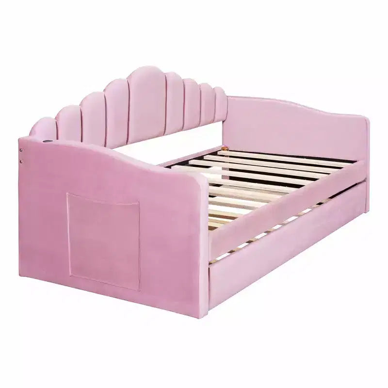 Lit capitonné MAYEERTY pour lit simple avec lit gigogne et ports en velours pour chambre à coucher Rose
