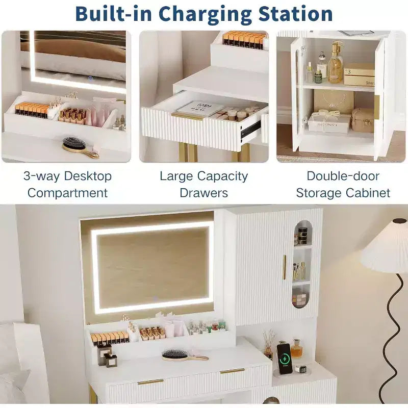 Coiffeuse large de 45 po avec grands placards, tiroirs, coiffeuse en bois, grande capacité pour chambre à coucher