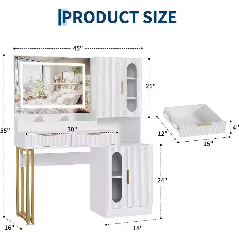 Coiffeuse large de 45 po avec grands placards, tiroirs, coiffeuse en bois, grande capacité pour chambre à coucher