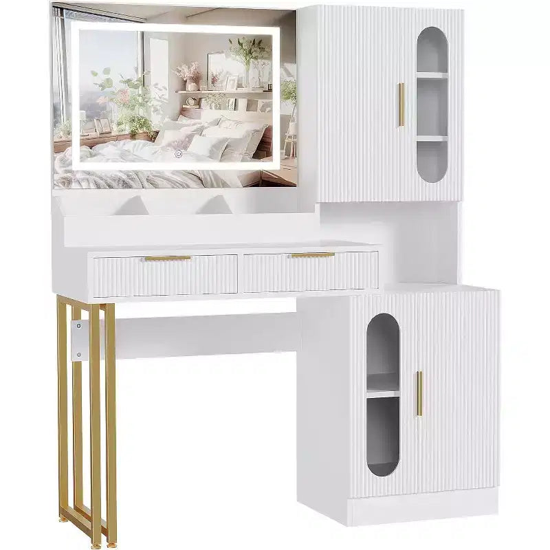 Coiffeuse large de 45 po avec grands placards, tiroirs, coiffeuse en bois, grande capacité pour chambre à coucher