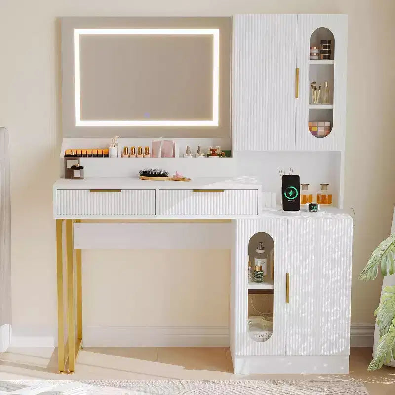 Coiffeuse large de 45 po avec grands placards, tiroirs, coiffeuse en bois, grande capacité pour chambre à coucher