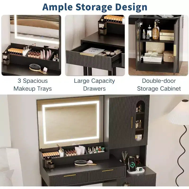 Coiffeuse large de 45 po avec grands placards, tiroirs, coiffeuse en bois, grande capacité pour chambre à coucher