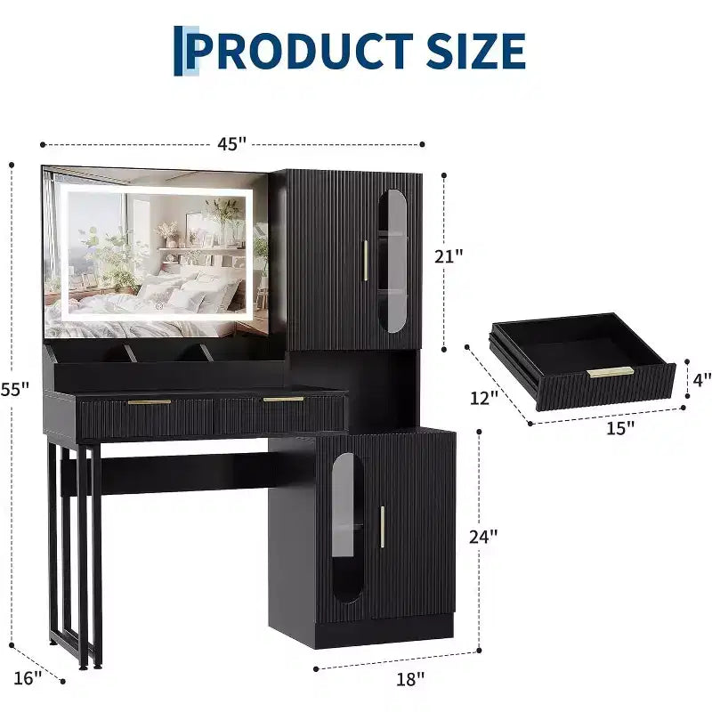 Coiffeuse large de 45 po avec grands placards, tiroirs, coiffeuse en bois, grande capacité pour chambre à coucher