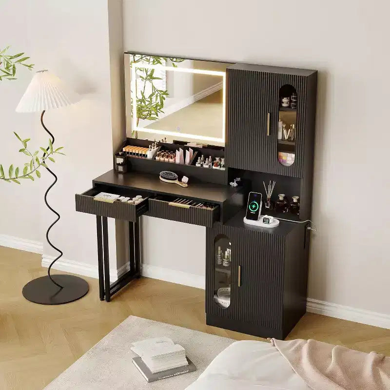 Coiffeuse large de 45 po avec grands placards, tiroirs, coiffeuse en bois, grande capacité pour chambre à coucher