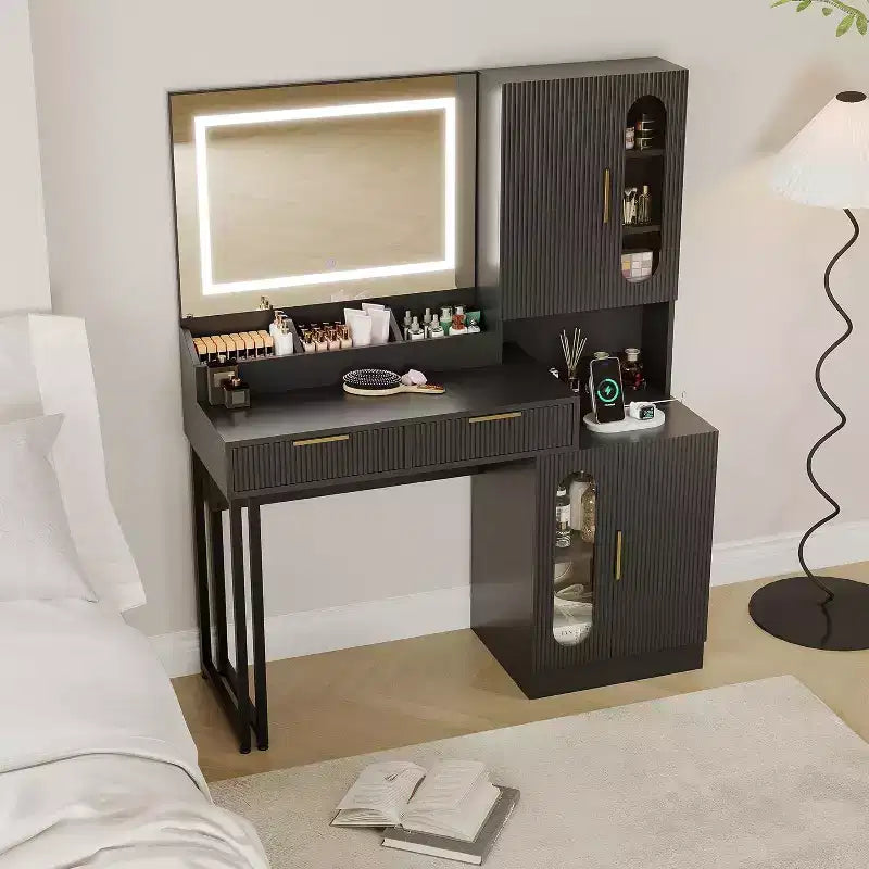 Coiffeuse large de 45 po avec grands placards, tiroirs, coiffeuse en bois, grande capacité pour chambre à coucher
