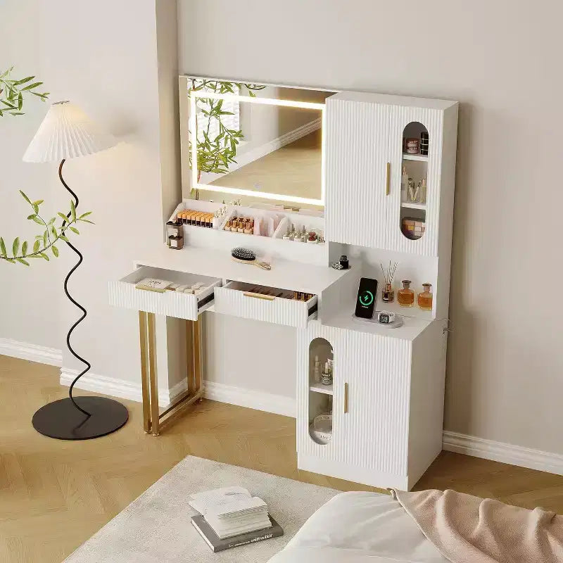 Coiffeuse large de 45 po avec grands placards, tiroirs, coiffeuse en bois, grande capacité pour chambre à coucher