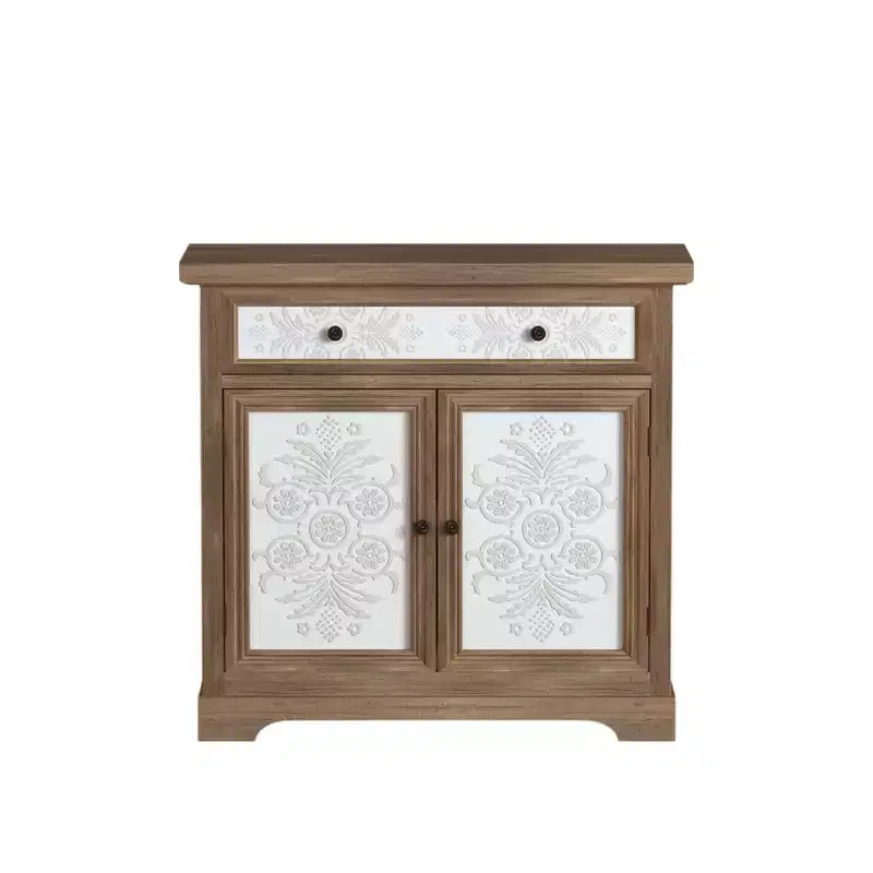 Meuble d'appoint rustique style ferme avec portes sculptées florales, 1 tiroir et rangement double-porte pour salon ou entrée