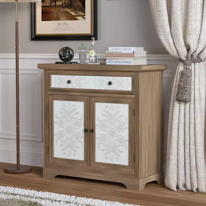 Meuble d'appoint rustique style ferme avec portes sculptées florales, 1 tiroir et rangement double-porte pour salon ou entrée