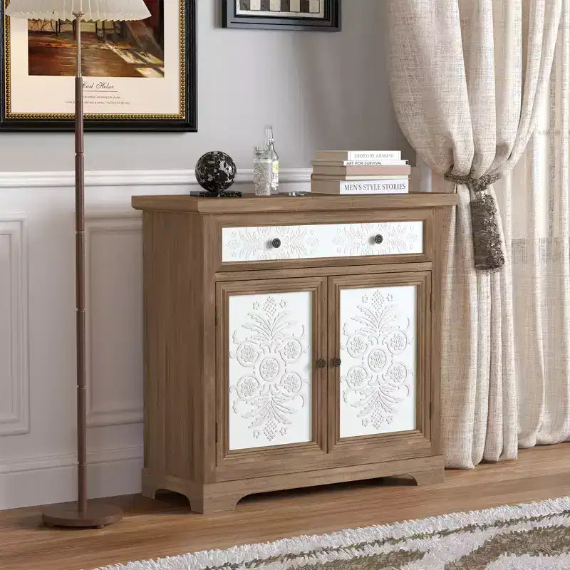 Meuble d'appoint rustique style ferme avec portes sculptées florales, 1 tiroir et rangement double-porte pour salon ou entrée