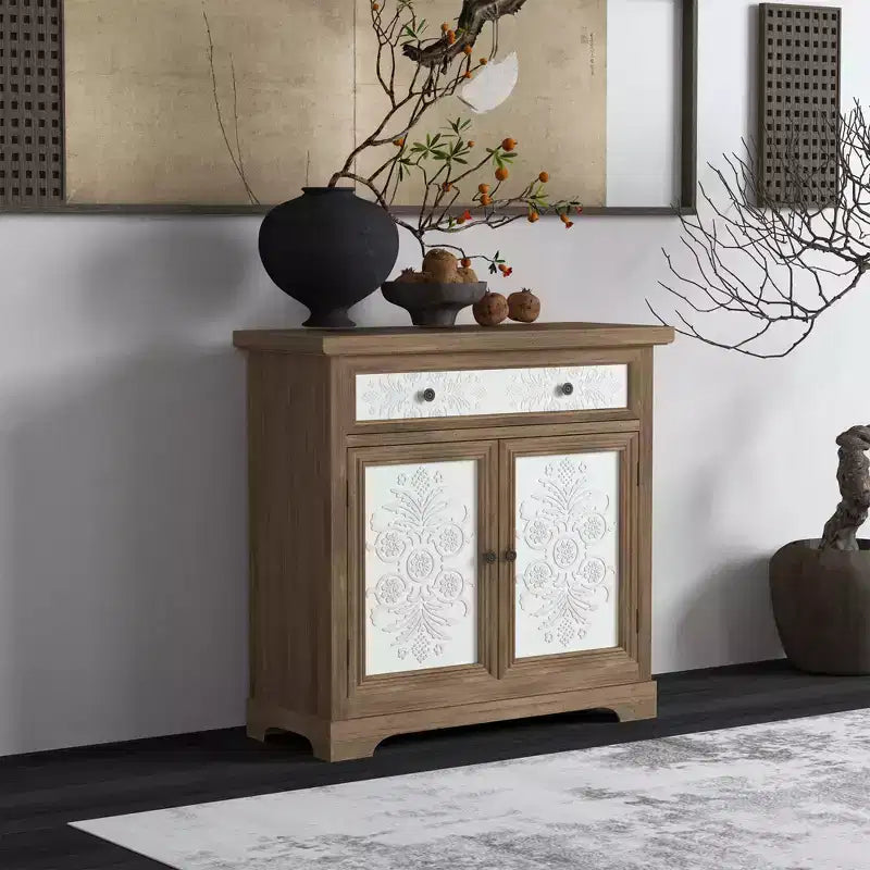 Meuble d'appoint rustique style ferme avec portes sculptées florales, 1 tiroir et rangement double-porte pour salon ou entrée