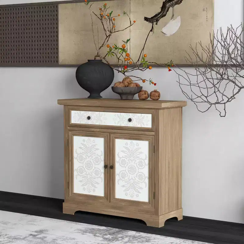 Meuble d'appoint rustique style ferme avec portes sculptées florales, 1 tiroir et rangement double-porte pour salon ou entrée