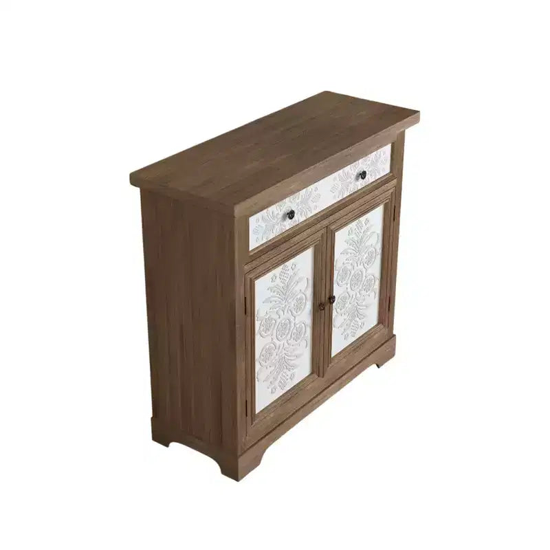 Meuble d'appoint rustique style ferme avec portes sculptées florales, 1 tiroir et rangement double-porte pour salon ou entrée