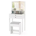 Costway Small Vanity Desk w/Mirror Lights Charging Station Glass Top Drawers Shelf