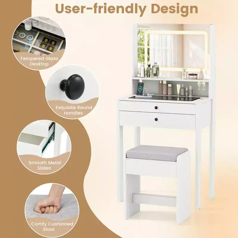 Coiffeuse Costway compacte avec miroir lumineux, station de charge, plateau en verre et tiroirs/étagère