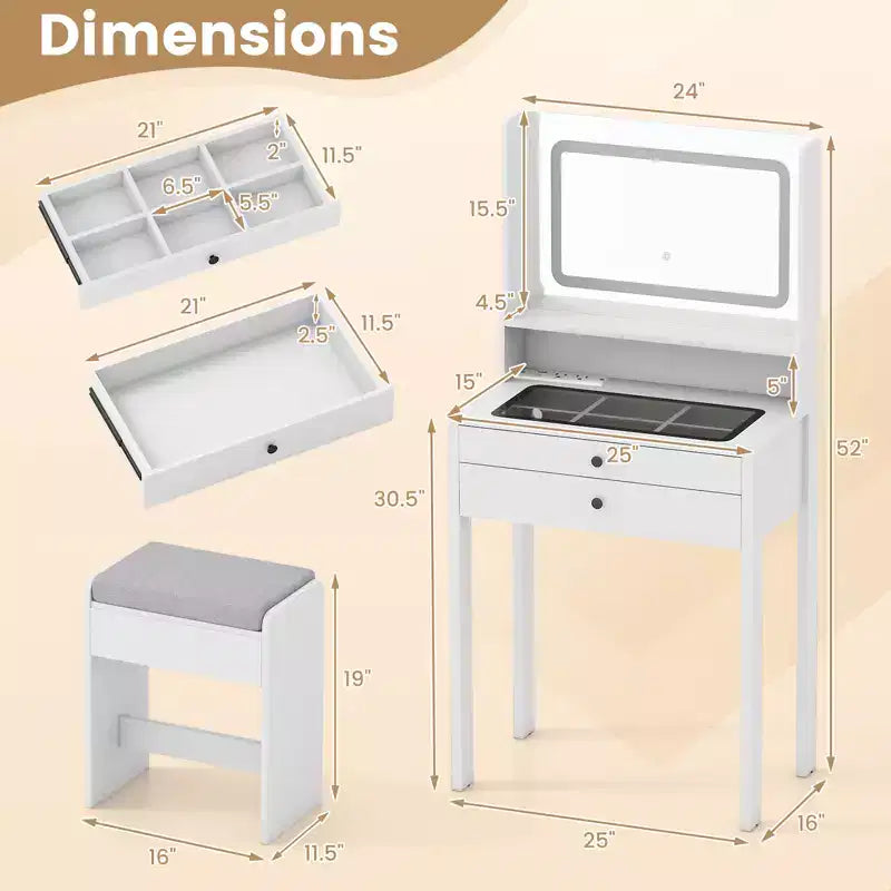 Coiffeuse Costway compacte avec miroir lumineux, station de charge, plateau en verre et tiroirs/étagère