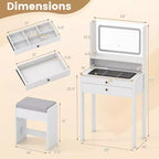 Coiffeuse Costway compacte avec miroir lumineux, station de charge, plateau en verre et tiroirs/étagère