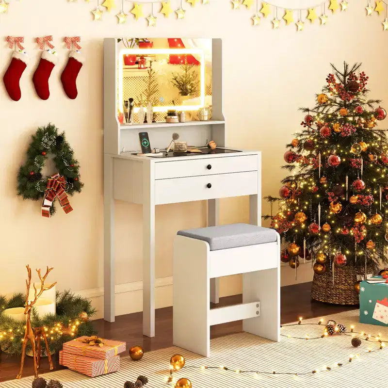 Coiffeuse Costway compacte avec miroir lumineux, station de charge, plateau en verre et tiroirs/étagère