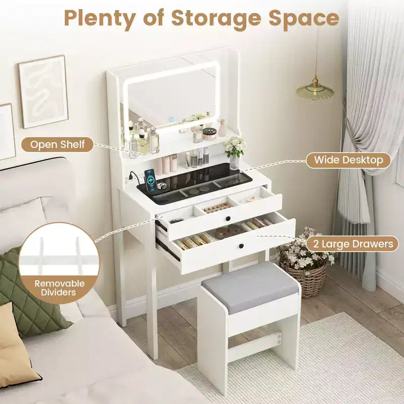 Coiffeuse Costway compacte avec miroir lumineux, station de charge, plateau en verre et tiroirs/étagère