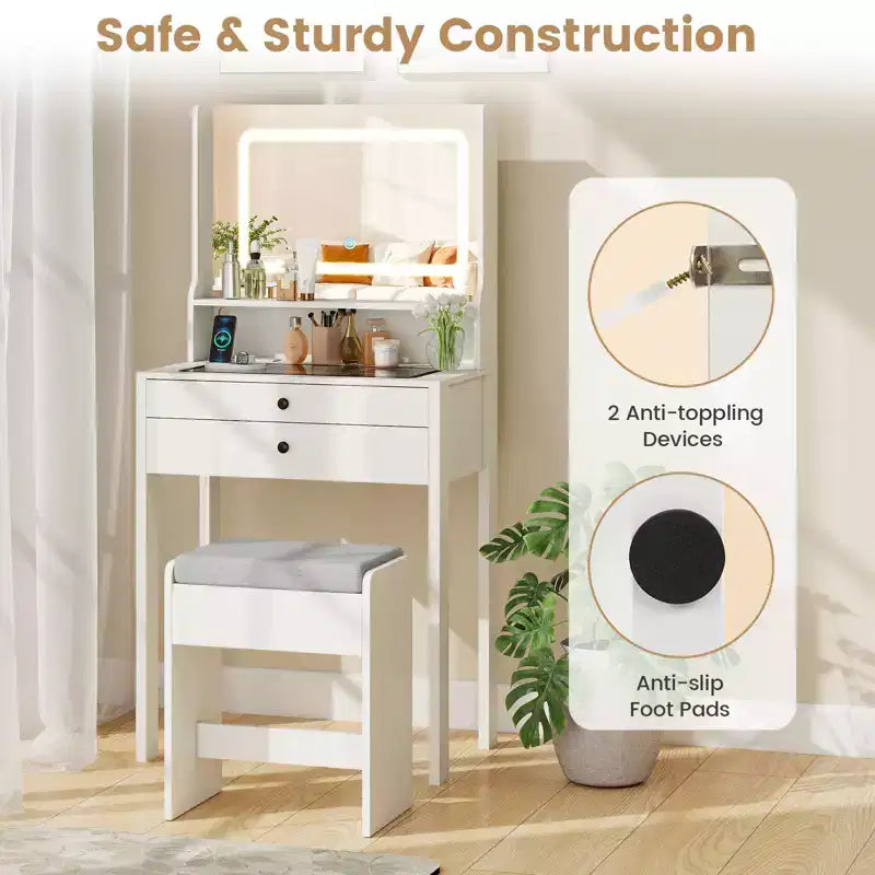 Coiffeuse Costway compacte avec miroir lumineux, station de charge, plateau en verre et tiroirs/étagère