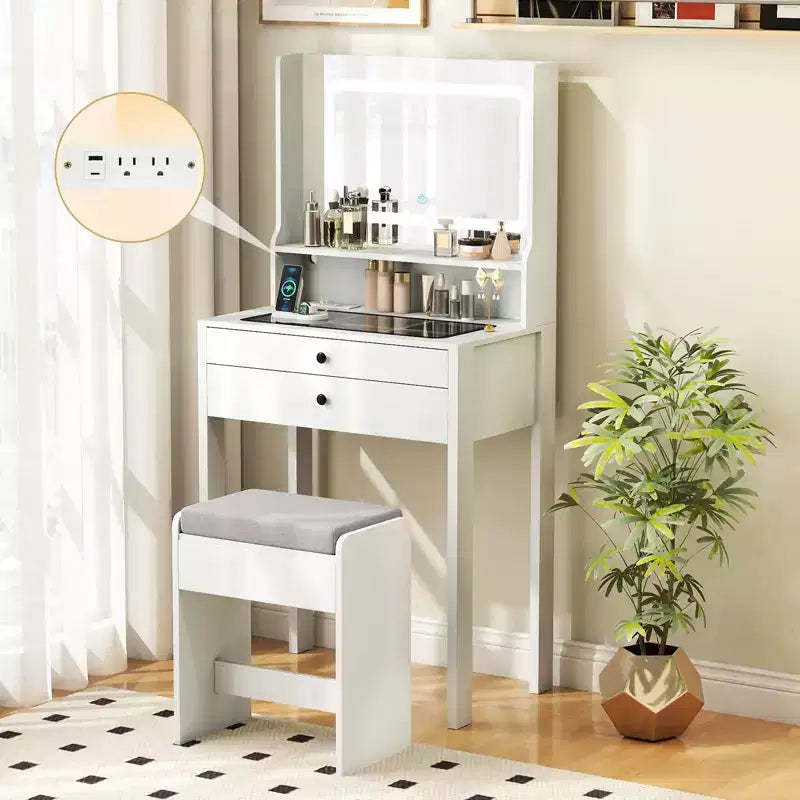 Coiffeuse Costway compacte avec miroir lumineux, station de charge, plateau en verre et tiroirs/étagère