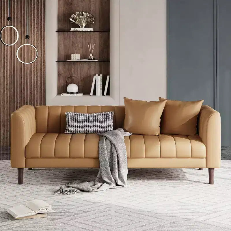 Canapés en similicuir avec 2 coussins décoratifs, Causeuse moderne du milieu du siècle, Canapé 3 places et pieds en bois, Montage facile, pour Salon