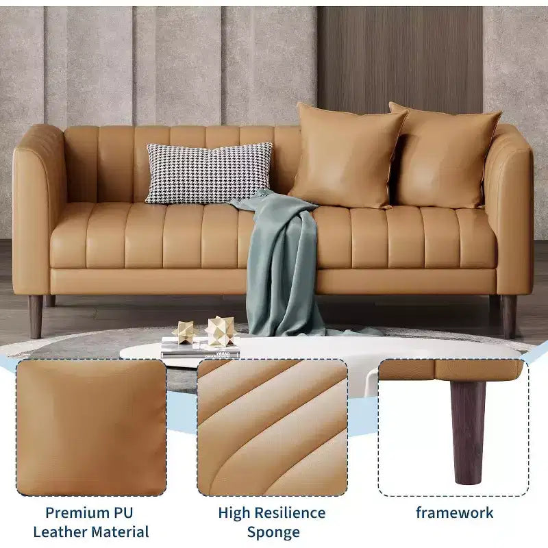 Canapés en similicuir avec 2 coussins décoratifs, Causeuse moderne du milieu du siècle, Canapé 3 places et pieds en bois, Montage facile, pour Salon
