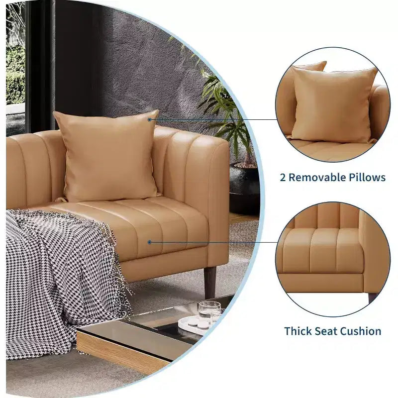 Canapés en similicuir avec 2 coussins décoratifs, Causeuse moderne du milieu du siècle, Canapé 3 places et pieds en bois, Montage facile, pour Salon