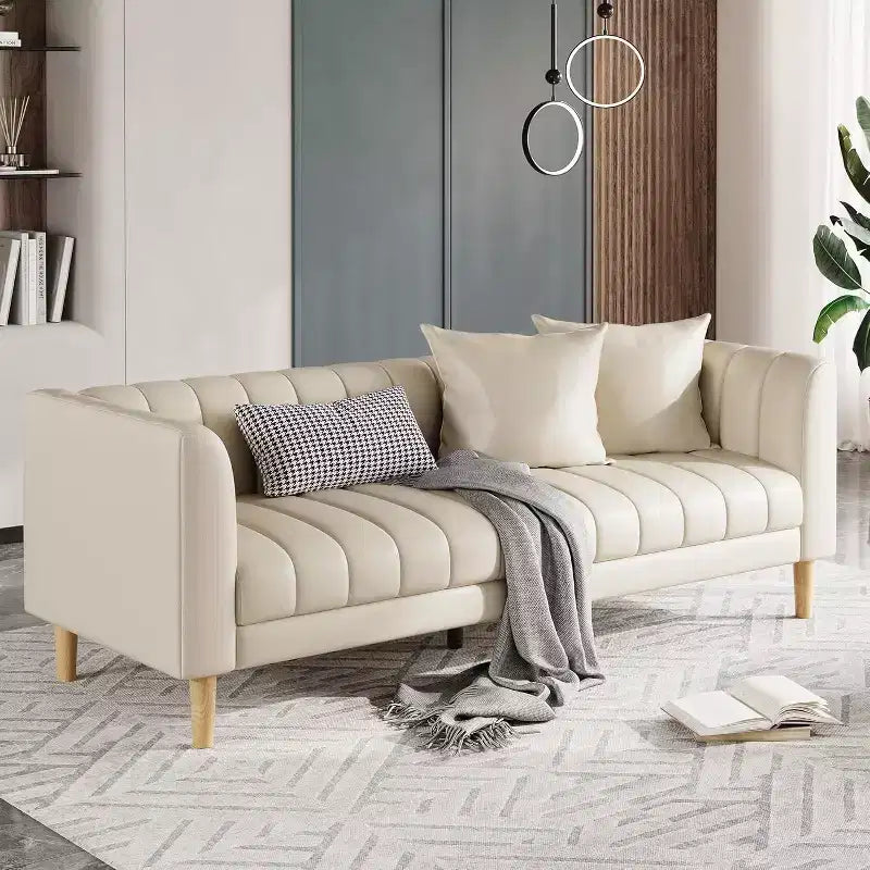 Canapés en similicuir avec 2 coussins décoratifs, Causeuse moderne du milieu du siècle, Canapé 3 places et pieds en bois, Montage facile, pour Salon