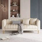 Canapés en similicuir avec 2 coussins décoratifs, Causeuse moderne du milieu du siècle, Canapé 3 places et pieds en bois, Montage facile, pour Salon