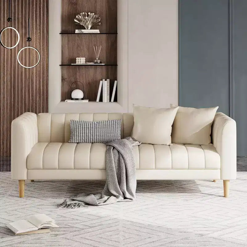 Canapés en similicuir avec 2 coussins décoratifs, Causeuse moderne du milieu du siècle, Canapé 3 places et pieds en bois, Montage facile, pour Salon