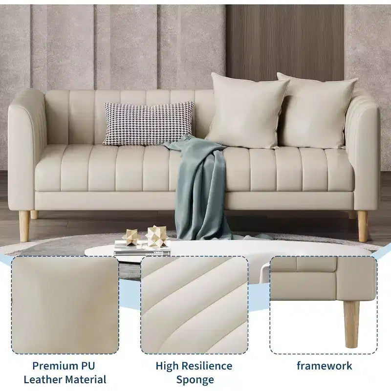 Canapés en similicuir avec 2 coussins décoratifs, Causeuse moderne du milieu du siècle, Canapé 3 places et pieds en bois, Montage facile, pour Salon