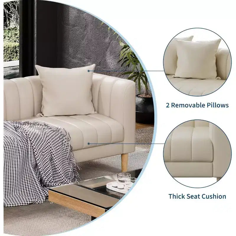 Canapés en similicuir avec 2 coussins décoratifs, Causeuse moderne du milieu du siècle, Canapé 3 places et pieds en bois, Montage facile, pour Salon
