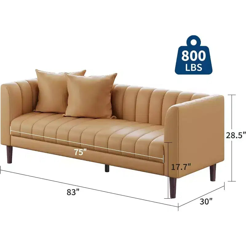 Canapés en similicuir avec 2 coussins décoratifs, Causeuse moderne du milieu du siècle, Canapé 3 places et pieds en bois, Montage facile, pour Salon