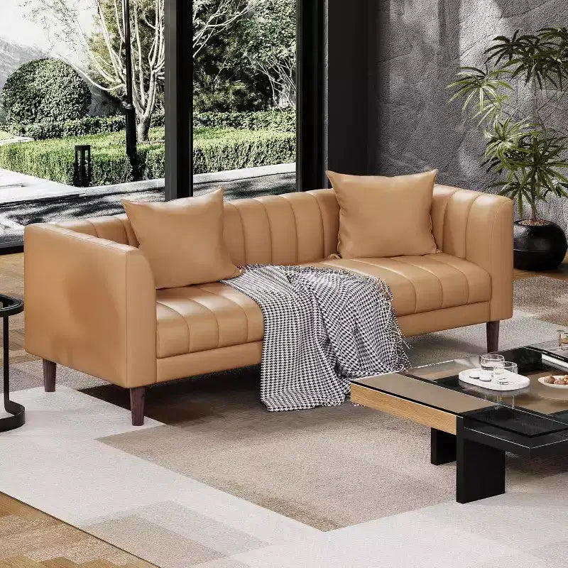 Canapés en similicuir avec 2 coussins décoratifs, Causeuse moderne du milieu du siècle, Canapé 3 places et pieds en bois, Montage facile, pour Salon