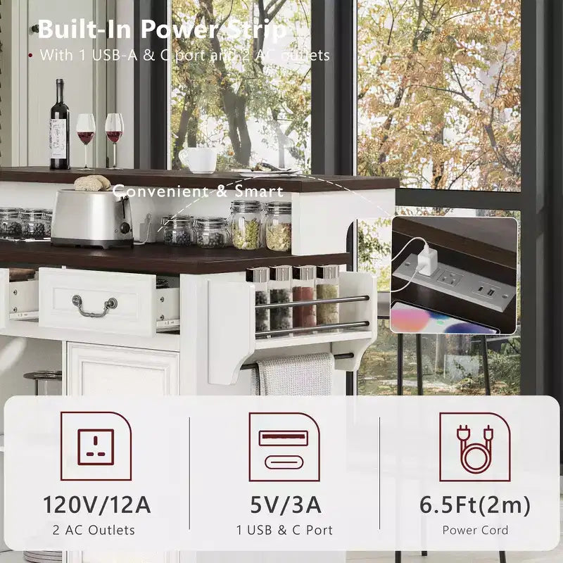 Whisen 53.2 Chariot d'îlot de cuisine à deux niveaux, table d'îlot roulante, meuble de bar, îlot de cuisine de style ferme avec 4 étagères à portes, 3 tiroirs
