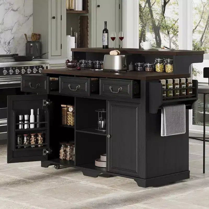 Whisen 53.2 Two-Tier Kitchen Island Cart, Rolling Island Table, Bar Cabinet, Farmhouse Kitchen Island with 4 Door Shelves, 3 Drawers