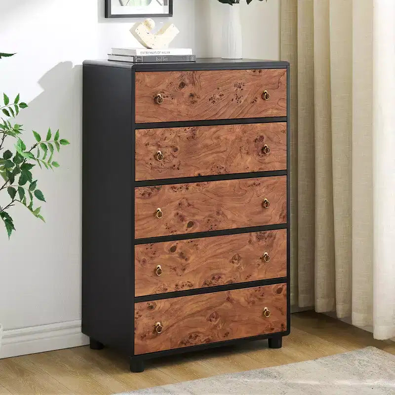 Modern 46 Tall 5-Drawer Dresser, Vertical Wood Chest with Curved Design & Vintage Round Handles, Natural Oak for Bedroom & Living Room Storage
