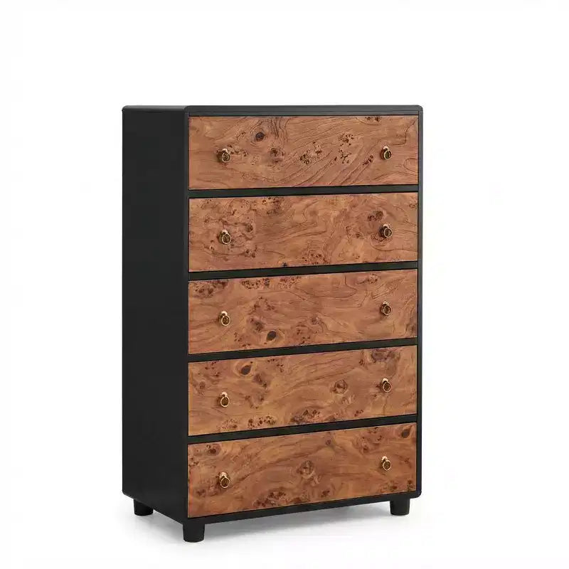 Commode moderne à 5 tiroirs, 117 cm de haut, en bois vertical avec design incurvé et poignées rondes vintage, chêne naturel pour chambre et salon