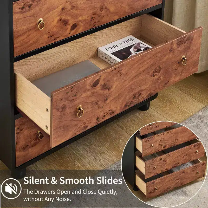 Commode moderne à 5 tiroirs, 117 cm de haut, en bois vertical avec design incurvé et poignées rondes vintage, chêne naturel pour chambre et salon