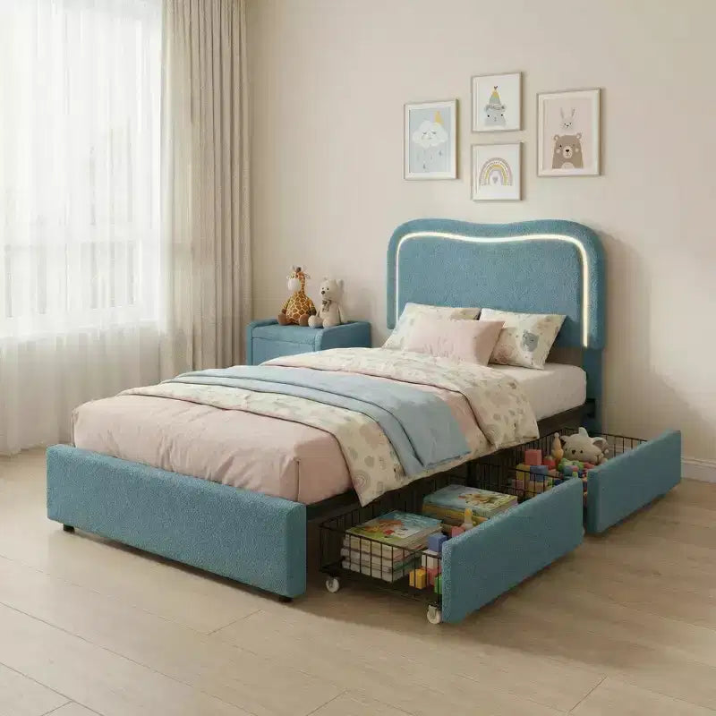 Cadre de lit double Boucle avec tête de lit LED et tiroirs de rangement, lit plateforme rembourré, lattes en bois massif, aucun sommier tapissier requis pour enfants et adolescents