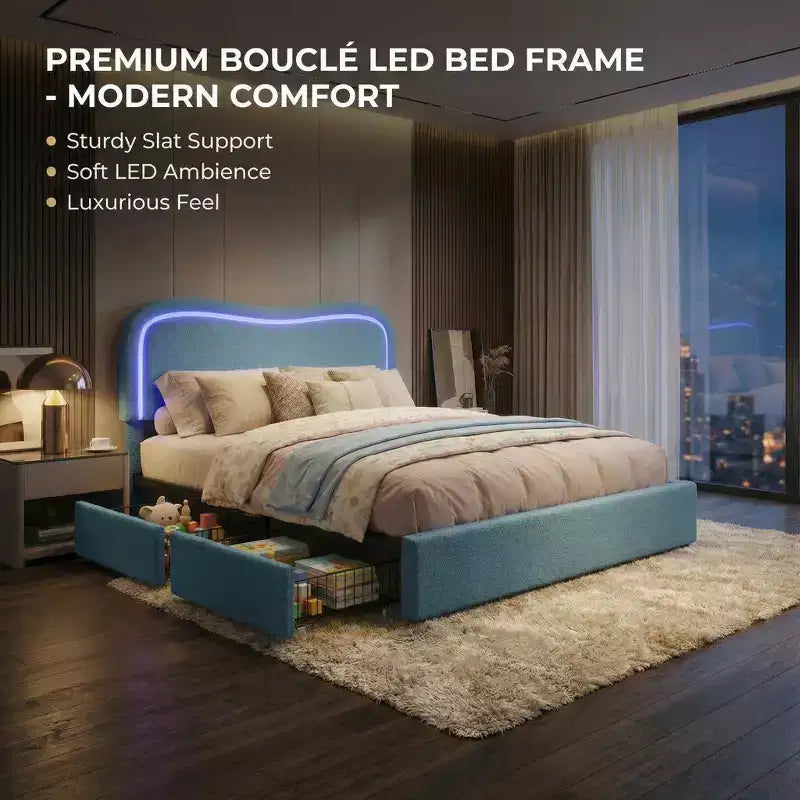 Cadre de lit double Boucle avec tête de lit LED et tiroirs de rangement, lit plateforme rembourré, lattes en bois massif, aucun sommier tapissier requis pour enfants et adolescents