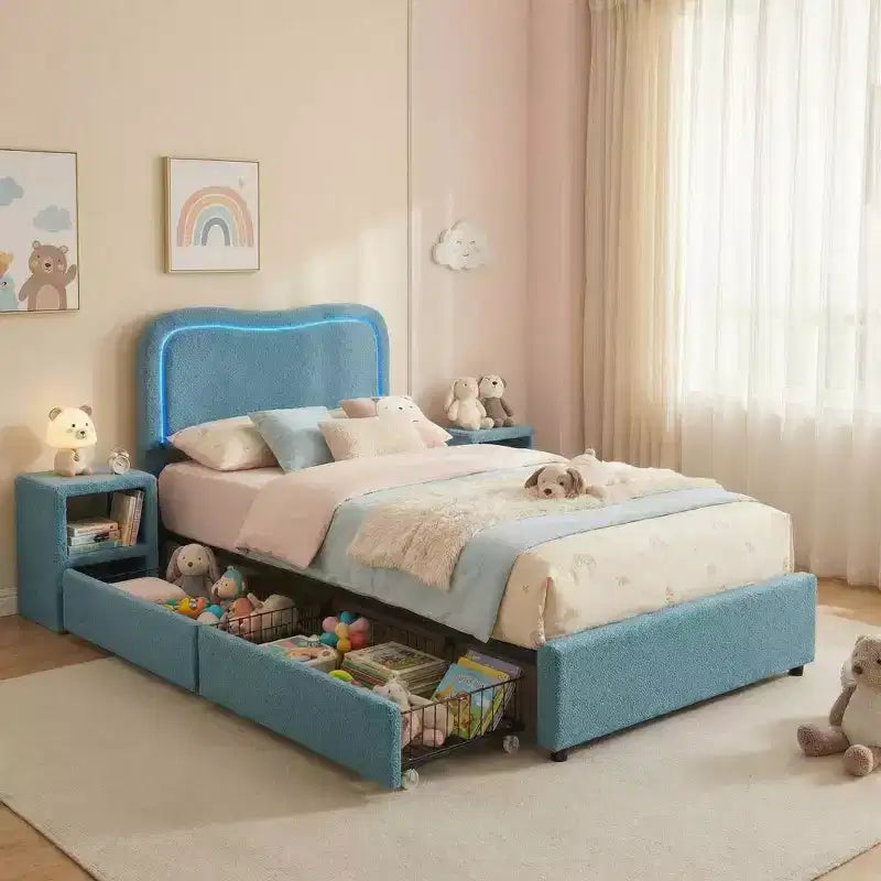 Cadre de lit double Boucle avec tête de lit LED et tiroirs de rangement, lit plateforme rembourré, lattes en bois massif, aucun sommier tapissier requis pour enfants et adolescents