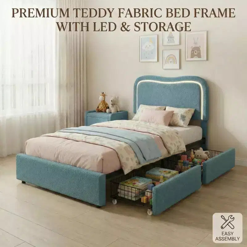 Cadre de lit double Boucle avec tête de lit LED et tiroirs de rangement, lit plateforme rembourré, lattes en bois massif, aucun sommier tapissier requis pour enfants et adolescents