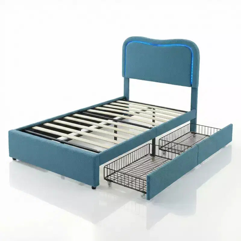 Cadre de lit double Boucle avec tête de lit LED et tiroirs de rangement, lit plateforme rembourré, lattes en bois massif, aucun sommier tapissier requis pour enfants et adolescents