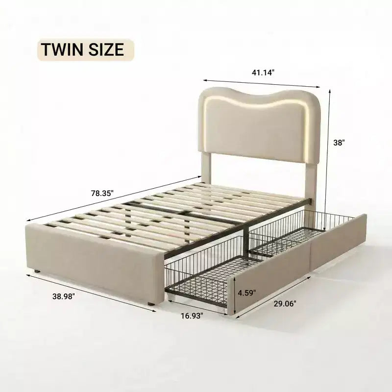 Cadre de lit double Boucle avec tête de lit LED et tiroirs de rangement, lit plateforme rembourré, lattes en bois massif, aucun sommier tapissier requis pour enfants et adolescents