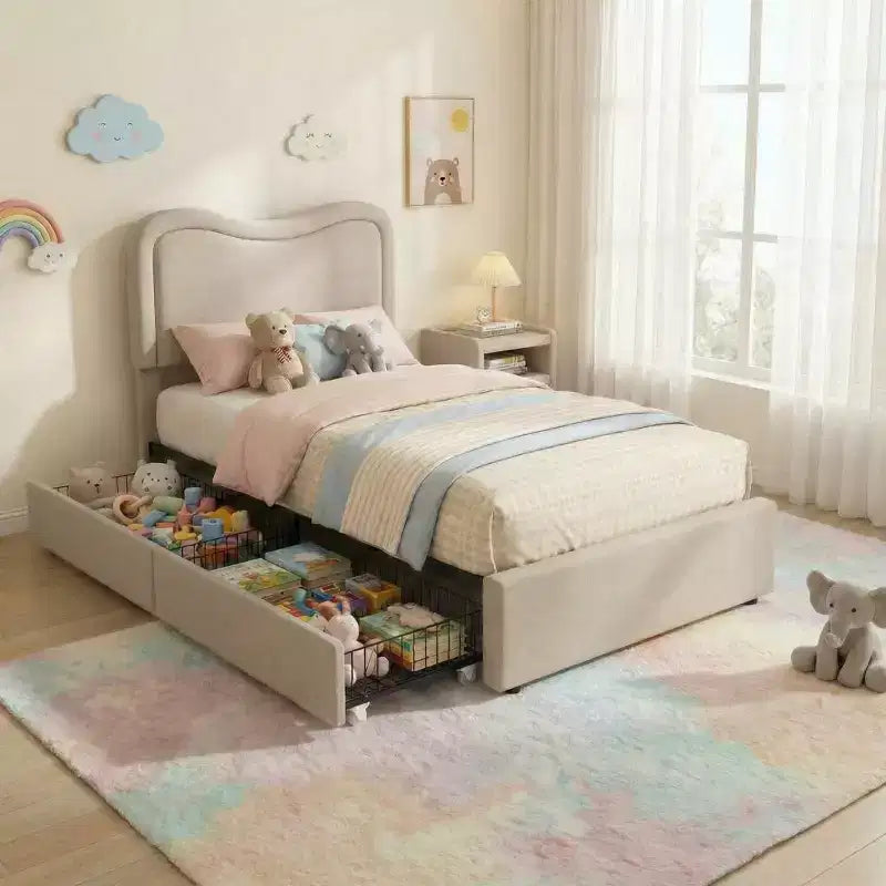 Cadre de lit double Boucle avec tête de lit LED et tiroirs de rangement, lit plateforme rembourré, lattes en bois massif, aucun sommier tapissier requis pour enfants et adolescents